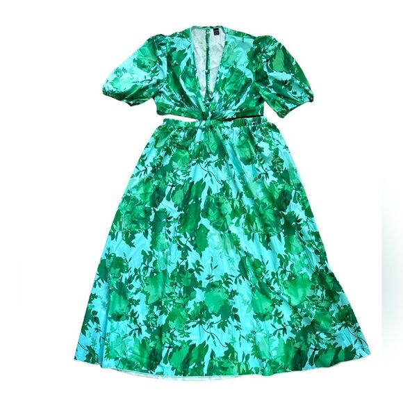 SHEIN Green Floral Print Cut Out Puff Sleeve Dress Size XL NWOT 10 367 - Picture 4 of 8